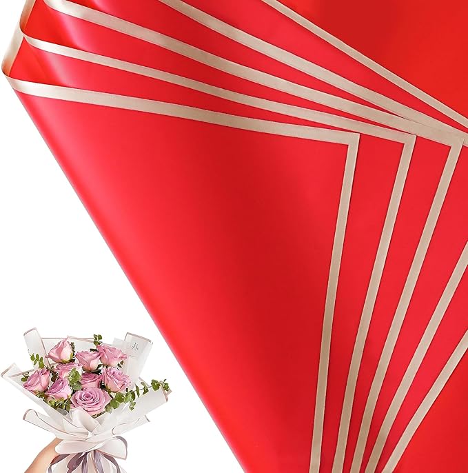 Bupduq 30 Sheets Red Gold Edge Flower Bouquet Wrapping Paper，Florist Supplies Waterproof Floral Bouquet Wrapping Paper Bouquet Accessorie，Flower Shop Packaging Pape for DIY Gift Wedding Birthday