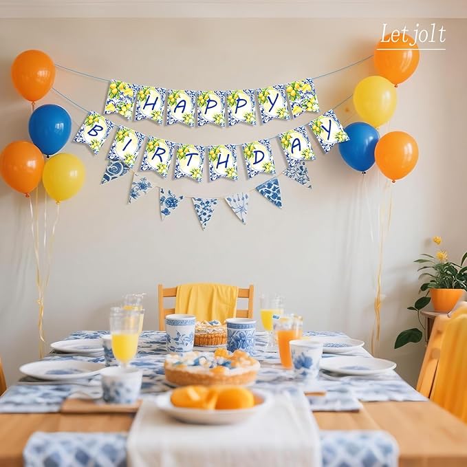 Letjolt Lemon Happy Birthday Banner Blue Girls Birthday Flag Summer Theme Party Signs Baby Shower Decorations Supplies for Women 13 pcs