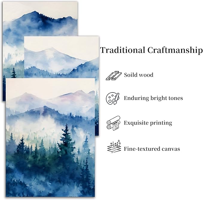 SERIMINO Nature Landscape Canvas Wall Art for Living Room, Forest Mountain Canvas Prints Paintings, Blue Modern Farmhouse Wall Decor for Bedroom Bathroom Set of 3, 16"X24"