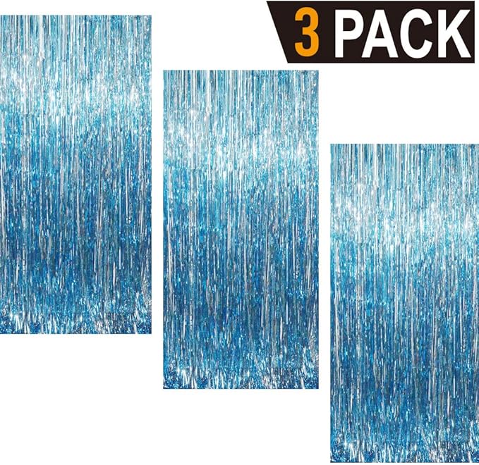 GOER 3.2 ft x 8.2 ft Metallic Tinsel Foil Fringe Curtains Party Photo Backdrop Party Streamers for Birthday,Graduation,New Year Eve Decorations Wedding Decor (Light Blue,3 pcs)