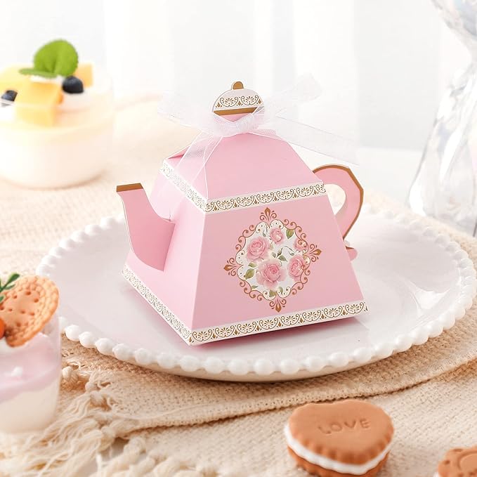 Jetec 100 Pcs Teapot Candy Box Floral Flower Tea Party Favor Gift Box Candy Boxes for Tea Garden Wedding Favors Bridal Showers Brunches Birthdays Decorations(Pink)