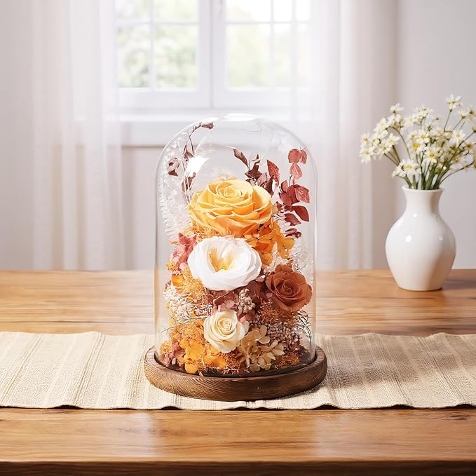Flowers for Delivery Prime Preserved Flowers Rose in Glass Dome,Orange Rose Forever Flowers Birthday Gifts for Women Mom Grandma Friend Thanksgiving Gifts for Her,Home Decor