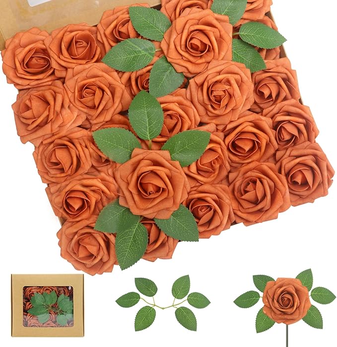 100PCS Artificial Flowers Burnt Orange Roses Real Looking Foam Fake Roses with Leaves and for DIY Wedding Bouquets Bridal Shower Centerpieces Party Decorations (Burnt Orange, 100)
