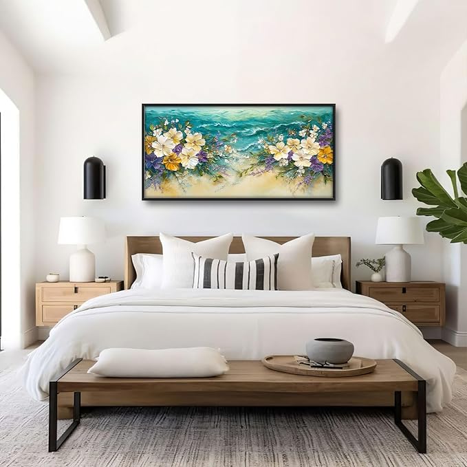 Beach Floral Large Wall Art Coastal Flower Pictures Wall Decor Summer Canvas Seascape Print Painting Modern Artwork Home Decoration for Living Room Bathroom Bedroom Office Framed 60"x30"