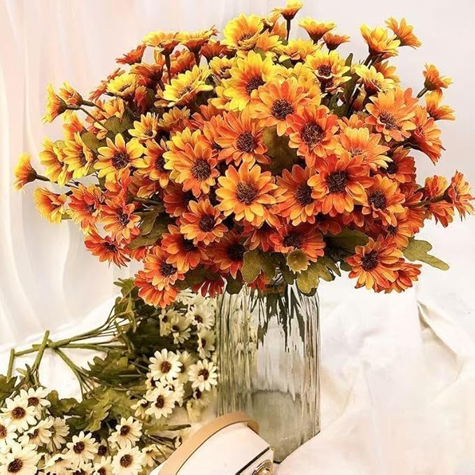 Artificial Mums 10 Bundles, Artificial Sunset Mums, Artificial Outdoor Sunset Mum-s Flowers - UV Resistant, Waterproof, Windproof, Reflecting Autumn Vibe (Gold - 10 Bundles)