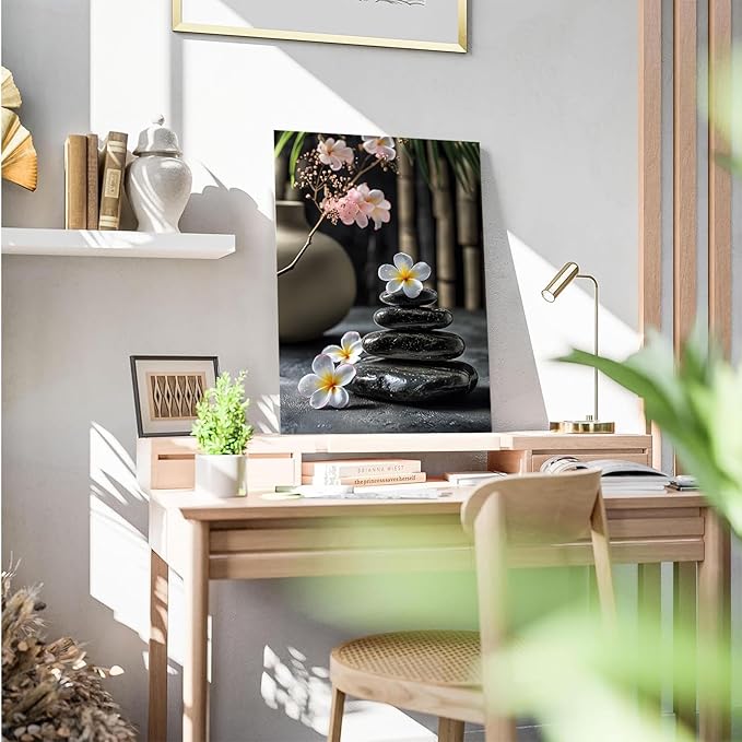 A harmonious black stone stack paired with white and pink flowers bamboo and ceramic vases creates a tranquil Zen decor for minimalist homes and mindful spaces 24x36in Frameless