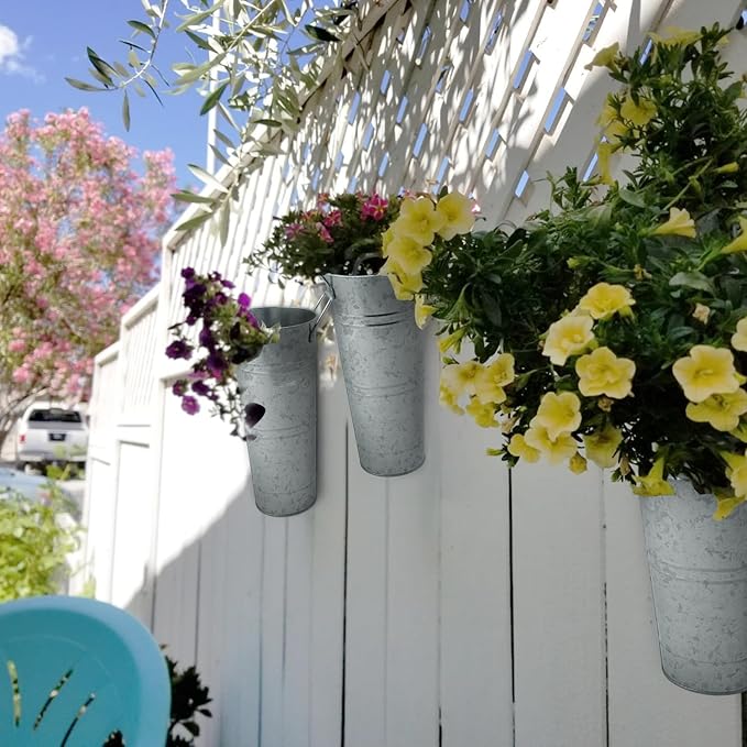 6 PCS 9 Inch Tall Galvanized Flower Bucket with Handles, Metal Vase for Cut Flowers, Country Wedding, Table Centerpiece Decorations,Vintage Style Flower Containers, by GENHAKON.