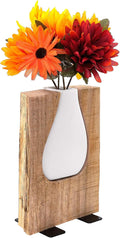 Excello Global Products Matte White Glass and Wood Vase - Rustic Flower Vase Decorative Centerpieces for Dining Room Table Coffee Tables Vintage Farmhouse Decor (Short - 8" x 6")