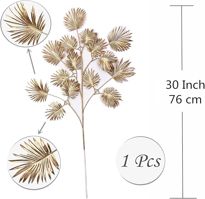 Christmas Decor Artificial Gold Plants 30" Tall 2 Pack, Faux Golden Fans Palm Leaves Plastic Fake Tropical Grass Flowers for Home Indoor Room Wedding Centerpiece Decoration Hall Table Vase Filler DIY