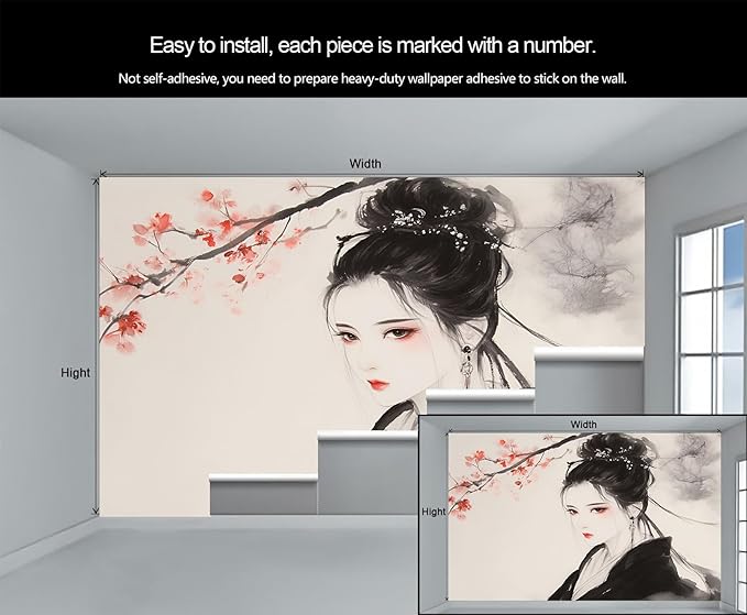 Asian Woman Wall Mural, Oriental Japanese Woman 3D Wall Murals, Ink Style Art Wallpaper Mural, for Living Room Bedroom Large Wallpaper Indoor Decor 169.3" W x118.2 H