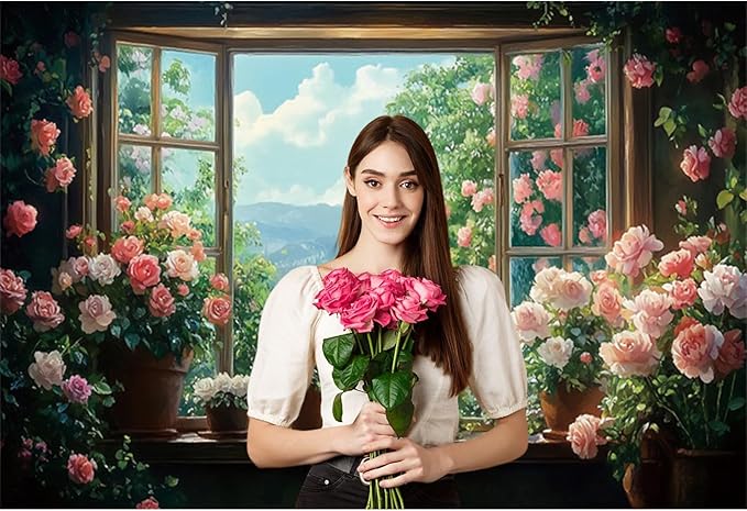 Baocicco 20x10ft Flowers Windowsill Photography Background Spring Floral Retro Oil Painting Photo Backdrop for Valentines Mothers Day Birthday Wedding Party Decorations Girls Women Portraits