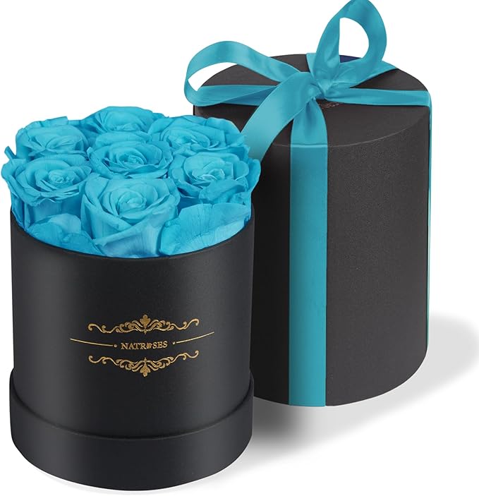 NATROSES 7 Piece Preserved Roses in a Box, Preserved Flowers for Birthday, Flower Gifts for Mothers Day (Blue)
