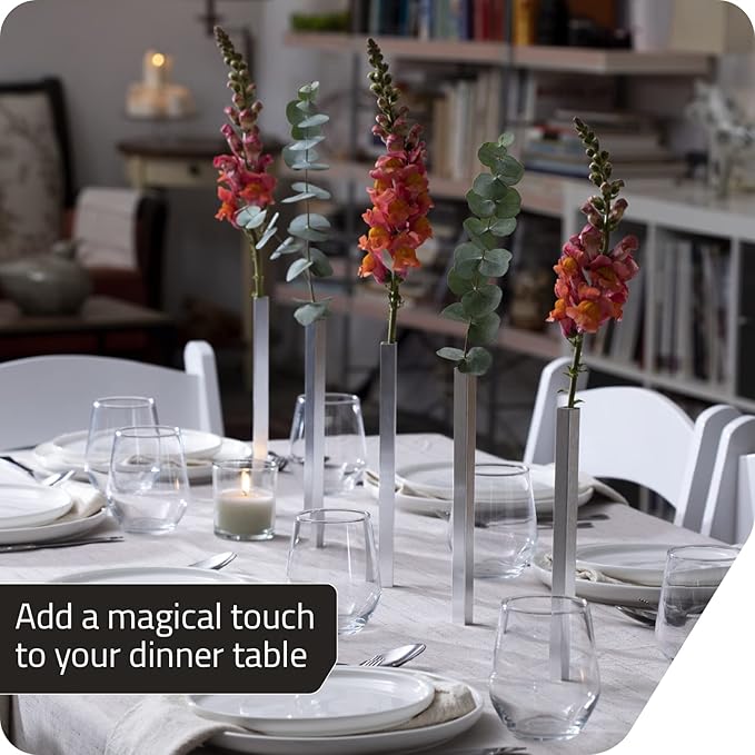 PELEG DESIGN Magnetic Flower Vase - Unique and Modern Set of 5 Silver Aluminum Vases for Home Garden Décor | 9.4 x 0.6 x 0.6 inches | Suitable for Both Real and Artificial Flowers