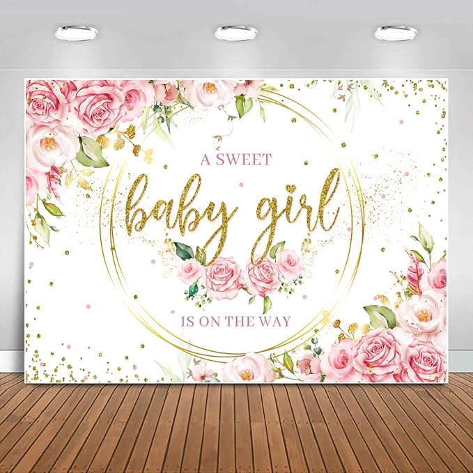 Sensfun Glitter Gold Baby Girl Backdrop Pink Floral Baby Photography Background Watercolor Flower Sweet Baby Girls Party Decorations Banner Photo Booth Supplies 10x6.5ft