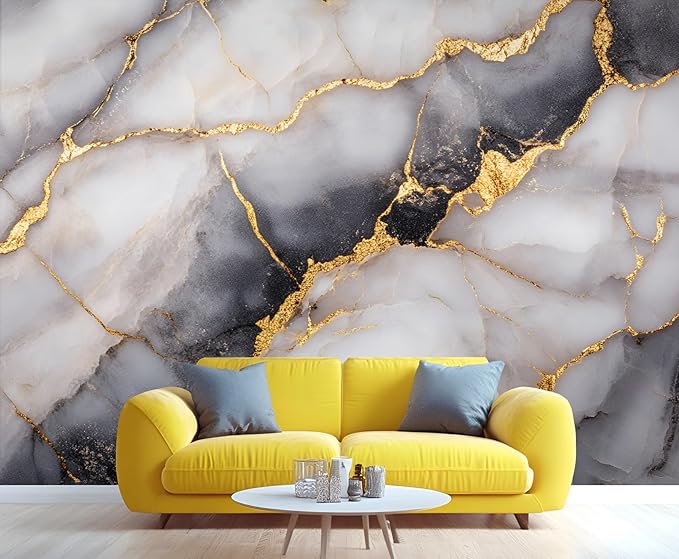 Golden Veins Marble Wall Mural, Black and White Marble 3D Wall Murals, Luxury Stone Wallpaper Mural, for Living Room Bedroom Large Wallpaper Indoor Decor 169.3" W x118.2 H
