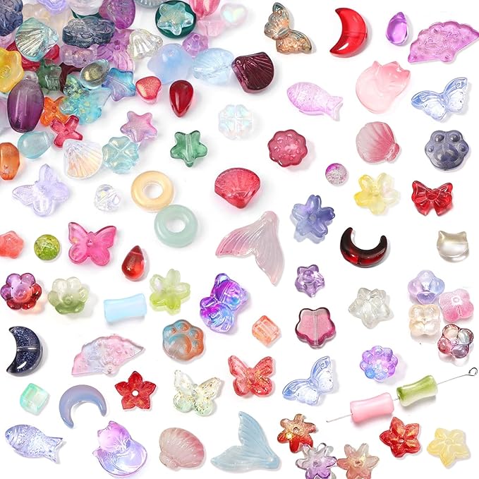 150-200Pcs Assorted Glass Beads for Jewelry Making Colorful Beads of Various Flower Butterfly Geometric Animal Bow Charms Crystal Loose Bead for Bracelet Necklace Earrings Pendant Crafts DIY