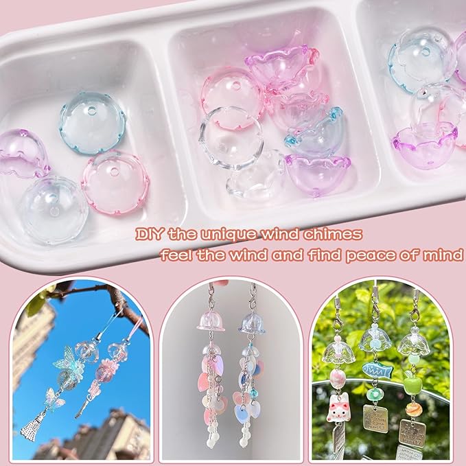 80Pcs Acrylic Clear Flower Bead Caps for Jewelry Making, Transparent Bell Charms, Semi-Round Floral Beads Bulk with Wavy Edge, Jellyfish Beads for Wind Chimes DIY Craft Key Chains-13 * 22mm