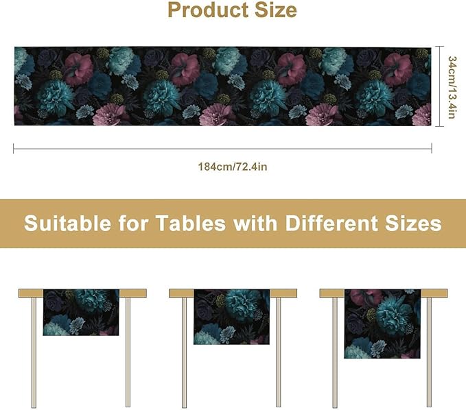 Gothic Flowers Table Runner,Vintage Garden Floral Prints Table Runner for Home Kitchen Table Dining Indoor Outdoor Party Decor 13x70 Inch