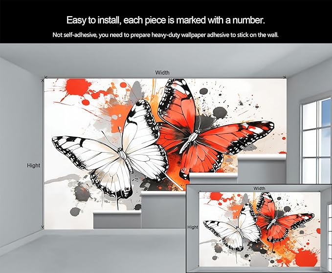 Modern Watercolor Butterfly Wall Mural, Abstract Butterfly 3D Wall Murals, Ink Painting Wallpaper Mural, for Living Room Bedroom Large Wallpaper Indoor Decor 177.16" W x120 H