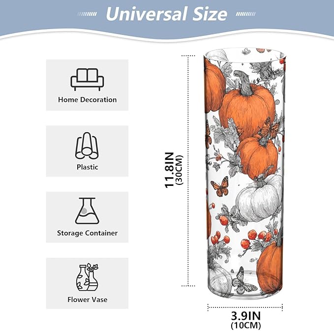 Flower Vase Clear Plastic Cylinder Vases Decor for Centerpieces Home Storage Office Weddings Pumpkin Butterfly Berry 11.8 x 3.9 in