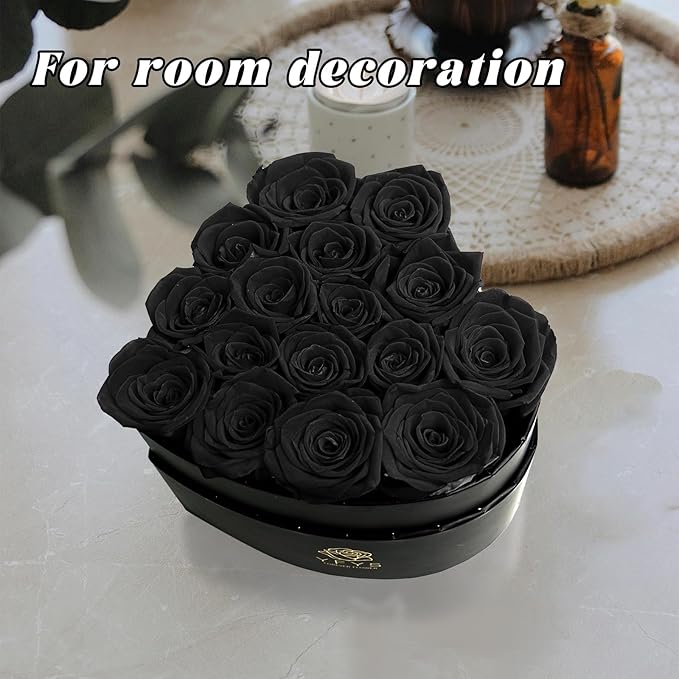 16-Piece Forever Flowers Heart-Shaped Box – Real Immortal Preserved Roses Lasting a Year, Perfect for Birthday, Girlfriend, Mother, or Wife, Valentine Day Gift for Her - Black