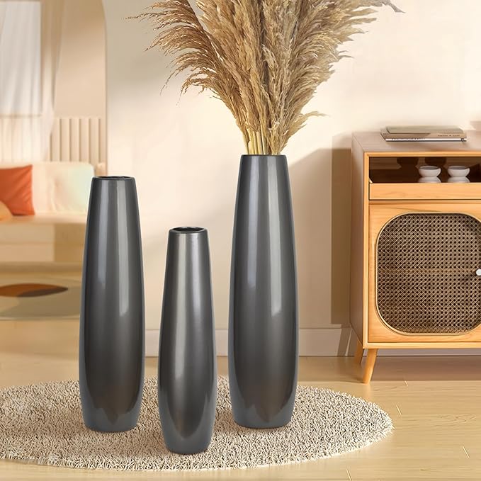 Silvery Ceramic Tall Floor Vase,28 Inch Large Modern Flower Vases for Home Décor,Wicker Big Floor Vase Decorations for Farmhouse, Living Room,Bedroom,Standing Plastic Vase Decorative Tall