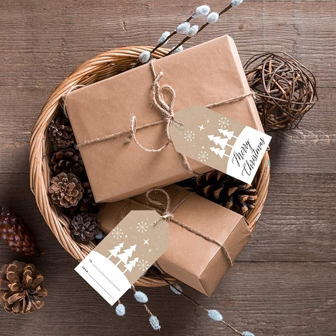 Andaz Press Christmas Holiday Season Classic Gift Tags, Merry Christmas to from Classic Favor Tags, Kraft Brown with Minimal Christmas Tree Design, for Holiday Events, Parties, and Favors, 60-Pack