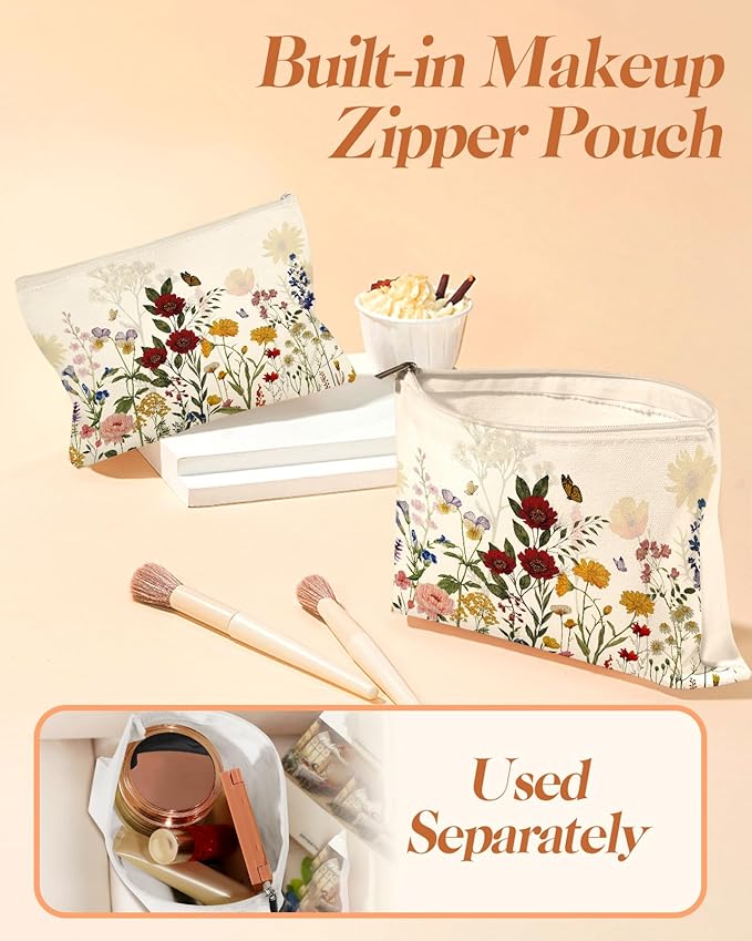 2 Pack Canvas Tote Bag - with Makeup Pouch Aesthetic Cute Women Reusable Canvas Bag for Shopping, Work, Travel
