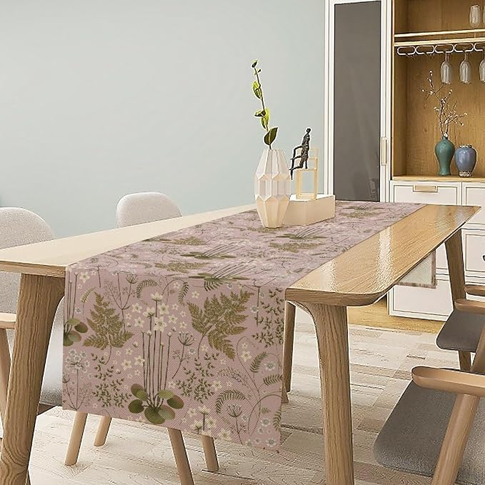 Spring Floral Table Runner, Rustic Retro Field Herbal Plant Purple Pink Wildflower Country Natural Floral Fern Print Table Cover for Indoor Outdoor Dinner Party Decor, 13x36inch