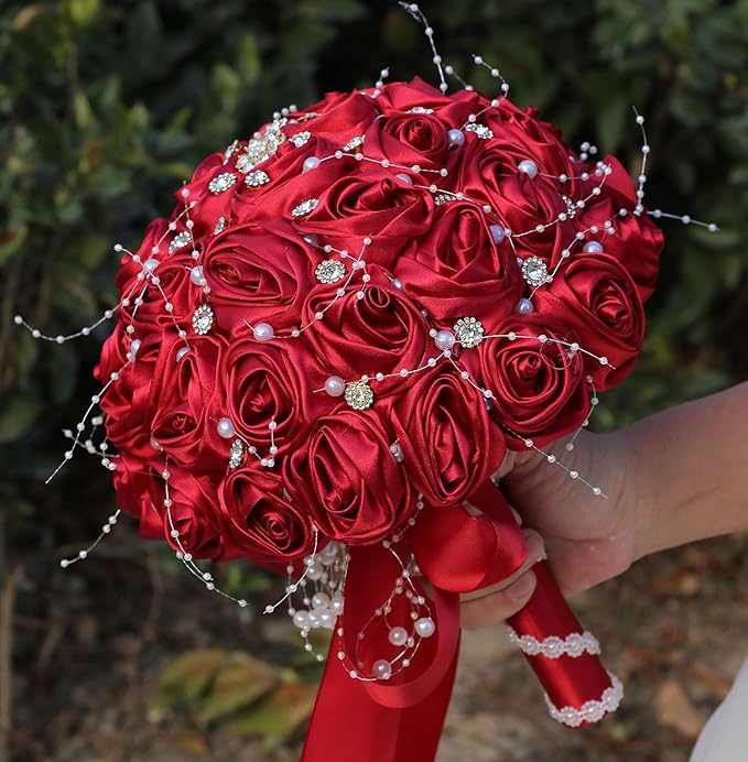 Bridal Wedding Bouquet Round Bling Brooch Bouquet Throw Toss Artificial Rose Flower Bunch for Bride Bridesmaid Wedding Quinceanera(Ruby Red, 7.5")