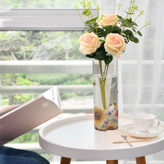 Flower Vase Clear Plastic Cylinder Vases Decor for Centerpieces Home Storage Office Weddings Watercolor Cornflower Butterfly 11.8 x 3.9 in