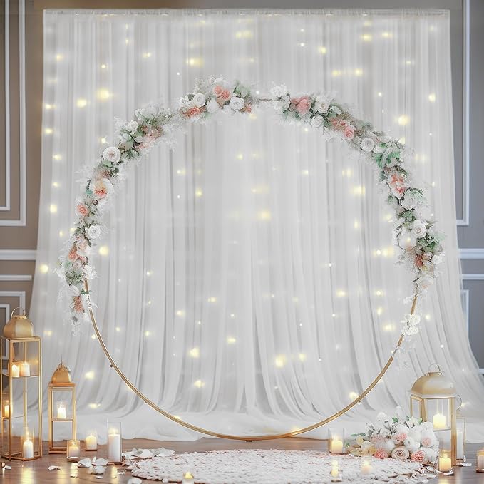 20ft x 10ft White Backdrop Curtain with Lights String for Parties, Sheer Tulle Wedding Photo Backdrops Drapes for Baby Shower Birthday Party Decorations Background for Photography