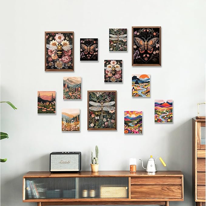 Retro Insect Bee Butterfly Dragonfly Wall Art Set Of 3 24x16In Wood Framed, with 9 Bonus Posters 8"x10", Nature plant Canvas Decoration Paintings Artwork for Office Bedroom Living Room Home Decor