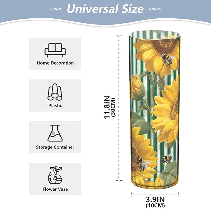 Flower Vase Clear Plastic Cylinder Vases Decor for Centerpieces Home Storage Office Weddings Green Striped Sunflowers and Honey Bees 11.8 x 3.9 in