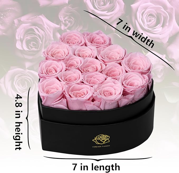 16-Piece Forever Flowers Heart-Shaped Box – Real Immortal Preserved Roses Lasting a Year, Perfect for Birthday, Girlfriend, Mother, or Wife, Valentine Day Gift for Her - Pink