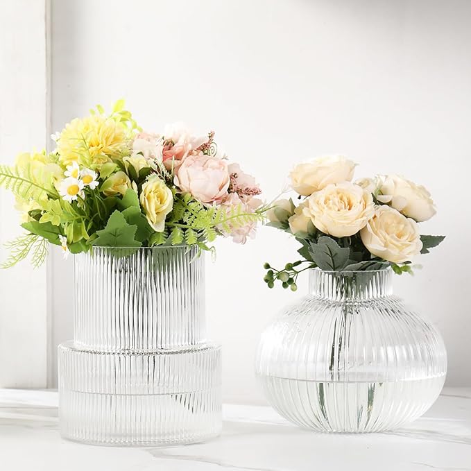 Ribbed Glass Vases, Set of 2 Fluted Vases for Flowers, Clear Glass Vase for Tulips, Modern Vase for Living Room, Kitchen, Office, Entryway, Mantle, Bookshelf, Wedding Gifts, Birthday