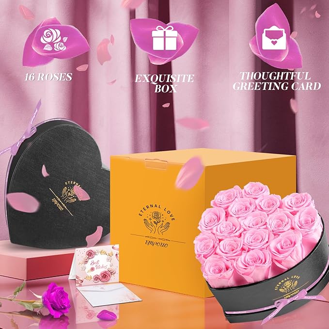 16-Piece Forever Flowers Heart Shape Box - Preserved Roses, Birthday Gifts For Women- Flower Delivery Prime, Valentines, Anniversary, Wedding Gifts- Pink Roses