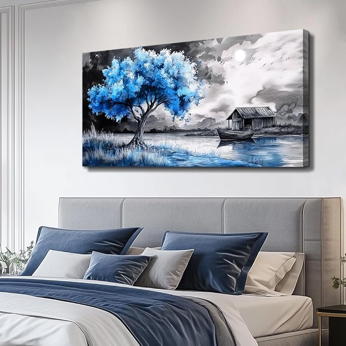 PHAOHUAXM large Wall Art For Living Room Bedroom Wall Decor Black White Scenery And Blue Trees Wall Painting Modern Home Decoration For Room Office Restaurant Canvas Art Prints Home Decor 20x40 In