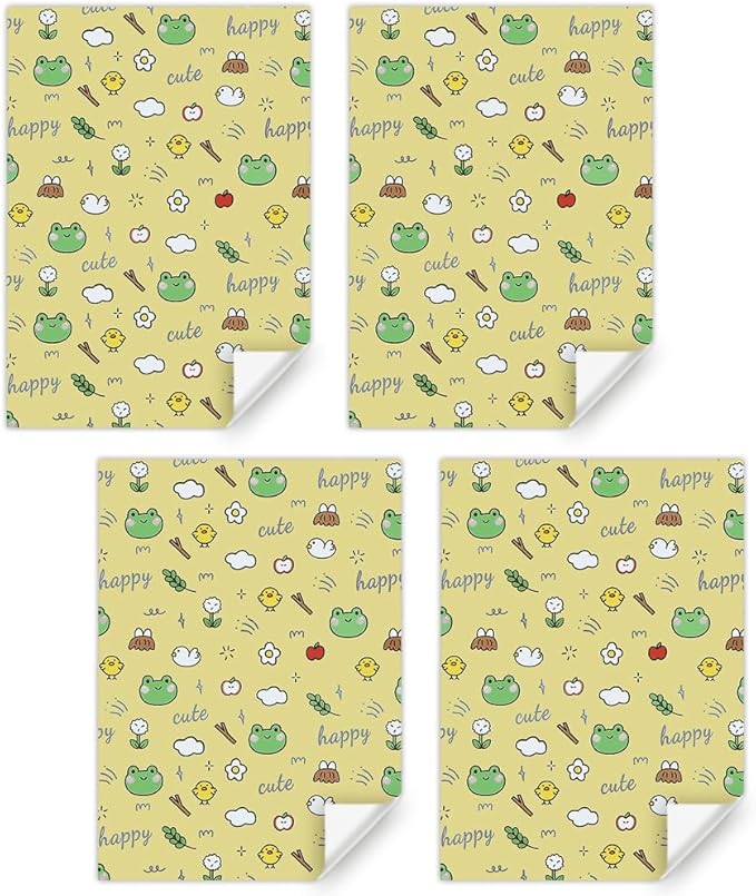 Geluode Frog Wrapping Paper for Kids Boys Girls, 4 Folded Sheets Cute Frogs Chick Daisy Flower Apple Design Yellow Wrapping Paper for Birthday Baby Shower - 20x28 Inches