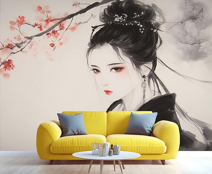 Asian Woman Wall Mural, Oriental Japanese Woman 3D Wall Murals, Ink Style Art Wallpaper Mural, for Living Room Bedroom Large Wallpaper Indoor Decor 169.3" W x118.2 H