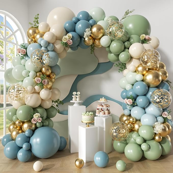 Dusty Avocado Green Balloon Arch Kit, 152Pcs Dusty Blue Retro Blue White Sand Macaron Green Gold Confetti Balloons for Baby Bridal Shower Wedding Engagement Birthday Party Decorations