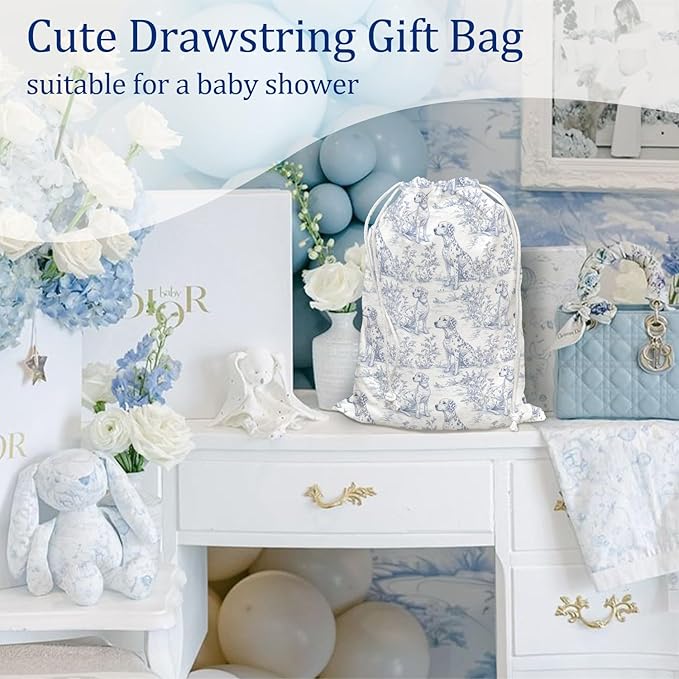 DSHFG Blue Chinoiserie Birthday Drawstring Gift Wrap Bags, Chinoiserie Dog Baby Shower Drawstring Gift Bags Canvas, Blue and White Small Happy Birthday Bag, Gifts for Women Dog Lovers, 10x13 Inch