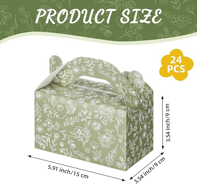 Dunzoom 24 Pack Green Floral Paper Gift Boxes Party Favor Gift Gable Boxes with Chinoiserie Floral Printed Candy Treat Box for Wedding Birthday Tea Bridal Shower Party