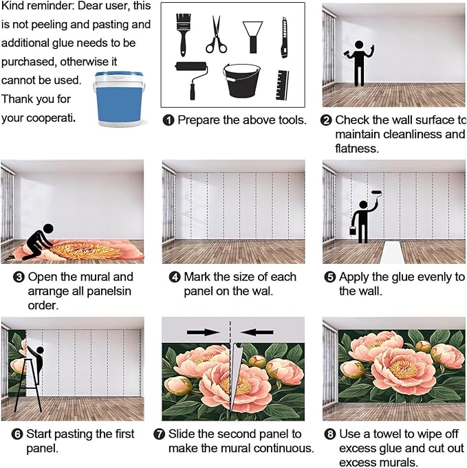 KIREUPA Peony Flower Wall Mural, Retro Pink Peony Flower 3d Wall Murals, Romantic Garden Theme Wallpaper Mural, for Living Room Bedroom Large Wallpaper Indoor Decor 59" W x39.4 H