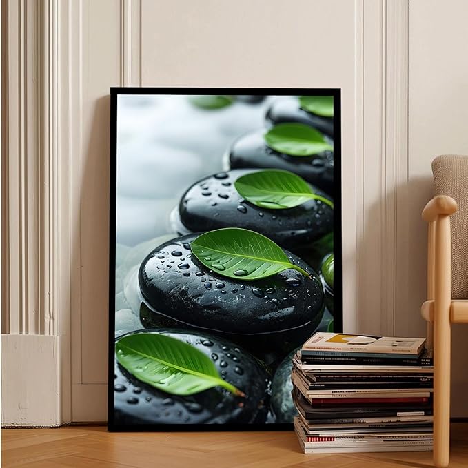 Glittering black stone cluster with fresh green leaves and water drops poster tranquil mist rain wall art zen wall art suitable for modern minimalist home decor 20x30in Metal blackFramed