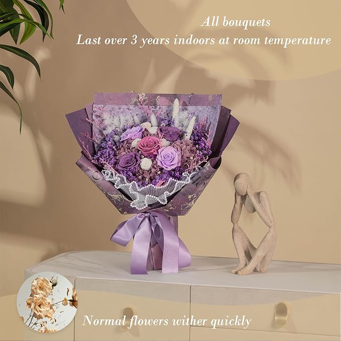 large Preserved flowers Bouquet with Real Roses,Long Lasting flower for delivery prime,Birthday for Women,Wedding,Mother’s Day,Valentine’s Day,Anniversary,Wife,Girlfriend,Christmas Gifts(Purple)