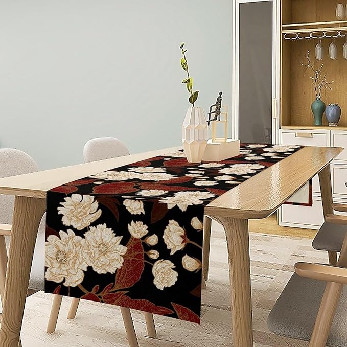 Red Gold Floral Table Runner, Boho Dark Flower Leaves Chinese Plum Blossoms Botanical Vintage White Gold Art Print Table Runner for Spring Holiday Decor, 13x70inch
