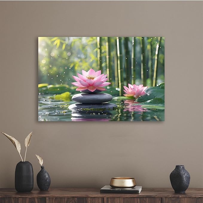 Ethereal pink lotus on obsidian Sunlit bamboo forest with sparkling water drops Poetic nature inspired wall art for tranquil homes and mindful spaces 8x12in Wood Framed