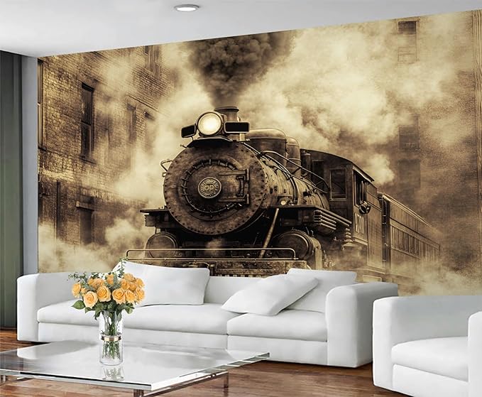 Vintage Steam Train Wall Mural, Industrial Train Engine 3D Wall Murals, Retro Railway Steam Engine Wallpaper Mural, for Living Room Bedroom Large Wallpaper Indoor Decor 137.8" W x100 H