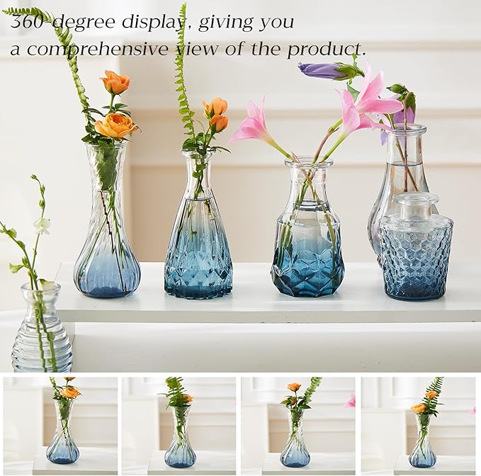 Glass Bud Vase Set of 60 - Small Vases for Flowers in Bulk - Assorted Vintage Crystal Vases for Flowers, Table Centerpieces (Blue, 60 Pcs)